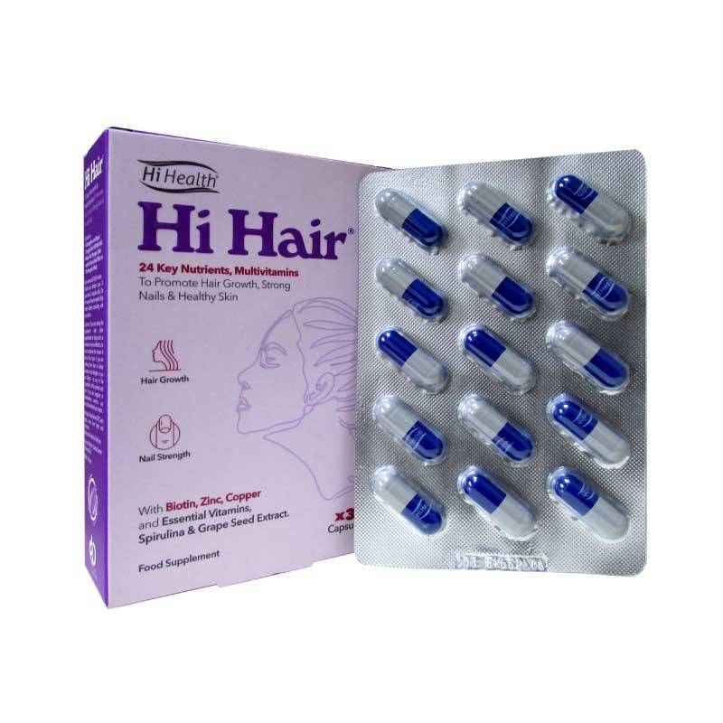 کپسول تقویت مو ناخن و پوست های هلث hi hair بسته 30 عددی با بیوتین روی و مس مولتی‌ویتامین و عصاره جلبک اسپیرولینا و هسته انگور مصرف روزانه یک عدد