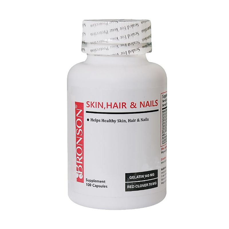 کپسول تقویت پوست مو و ناخن برونسون مدل hair skin and nails حاوی ویتامین‌های a c e و گروه b بیوتین و عصاره هورستیل پیشگیری از موهای غیرقابل شانه کاهش چین و چروک و بهبود گردش خون بسته 60 عددی