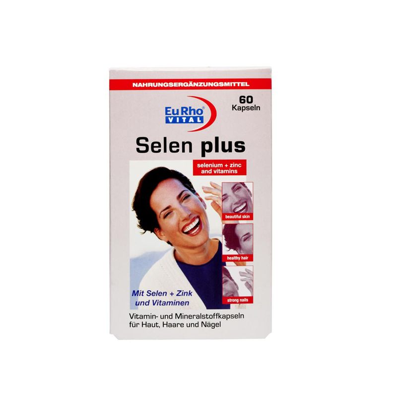 کپسول تقویت پوست مو و ناخن یوروویتال مدل selen plus بسته 60 عددی با سلنیوم ویتامین‌های گروه b آنتی‌اکسیدان قوی حمایت از سیستم ایمنی تنظیم هورمون‌های تیروئیدی و افزایش انرژی