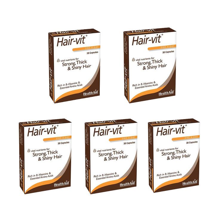 کپسول تقویت‌کننده مو هلث اید مدل هیرویت بسته 5 عددی با ویتامین‌های گروه b و آمینو اسیدهای ضروری مصرف روزانه و افزایش استحکام ضخامت و درخشندگی مو