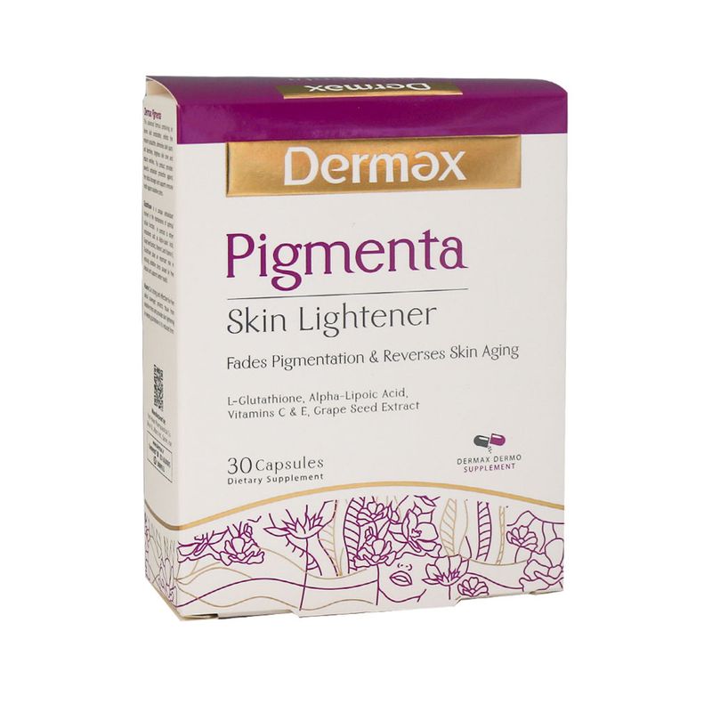 کپسول روشن‌کننده پوست درمکس مدل pigmenta بسته 30 عددی با ترکیبات آنتی‌اکسیدان قوی کاهش چین و چروک رفع لکه‌های تیره و محافظت در برابر آسیب اکسیداتیو سلولی