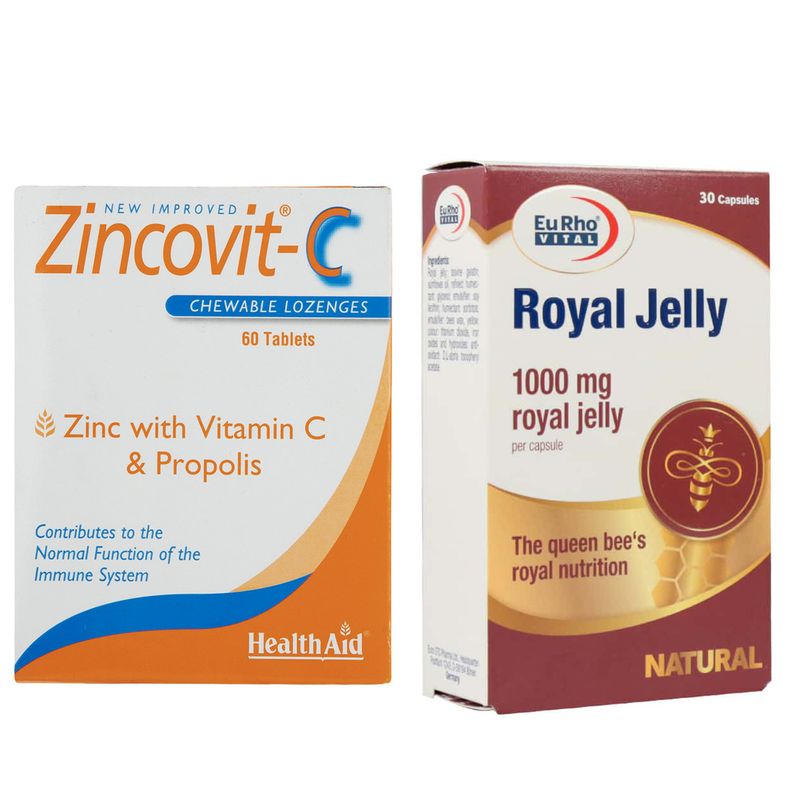 کپسول رویال ژلی یوروویتال   1000 میلی گرم بسته 30 عددی به همراه قرص جویدنی زینکوویت سی هلث اید بسته 60 عددی