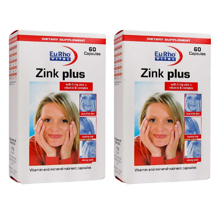 کپسول زینک پلاس یوروویتال مدل zink plus دو بسته 60 عددی تقویت مو ناخن و ترمیم پوست حفظ استحکام پوست و ضد ریزش مو