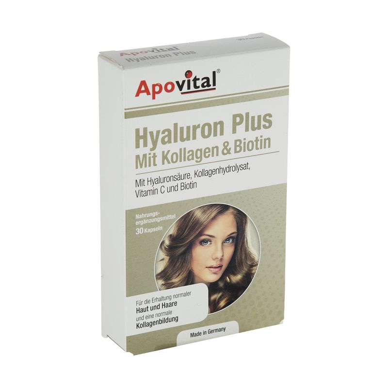 کپسول مکمل تقویت پوست مو و ناخن آپوویتال مدل hyaluron plus بسته 30 عددی حاوی هیالورونیک اسید کلاژن هیدرولیز شده ویتامین c و بیوتین کمک به کنترل ریزش مو افزایش رطوبت و کاهش چین و چروک پوست تقویت سیستم ایمنی بدن