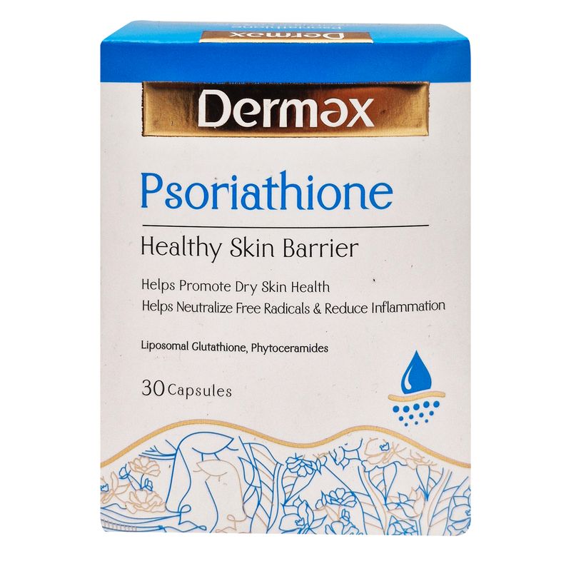 کپسول مکمل سلامت پوست درمکس سوریاتیون مدل psoriathione با فرمولاسیون گلوتاتیون لیپوزومال و فیتوسرامید حفظ رطوبت و استحکام پوست کاهش چین و چروک و عوارض پسوریازیس ضد التهاب و آنتی‌اکسیدان تقویت مو و ناخن فاقد گلوتن و نگهدارنده بسته 30 عددی